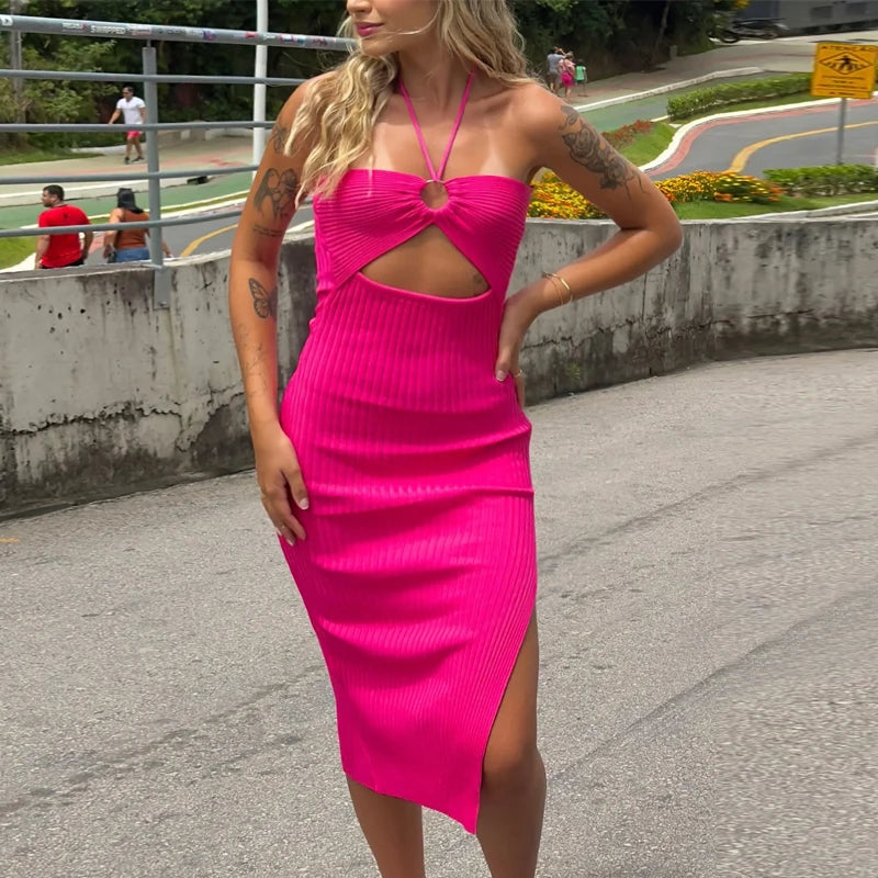 cutout knit midi dress Mew Mews Charisma U Neck Cutout Knit Midi Dress