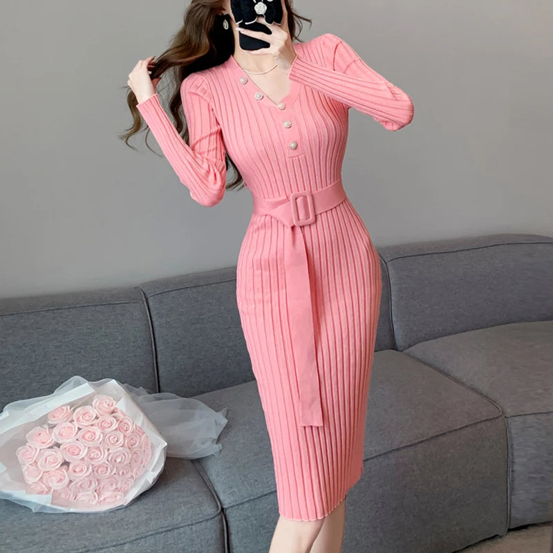 Pink Ribbed Knit Dress With Belted Waist