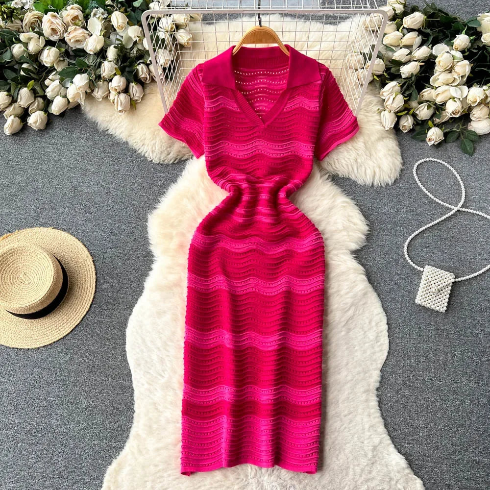 Vibrant Pink Knit Dress With Wavy Design