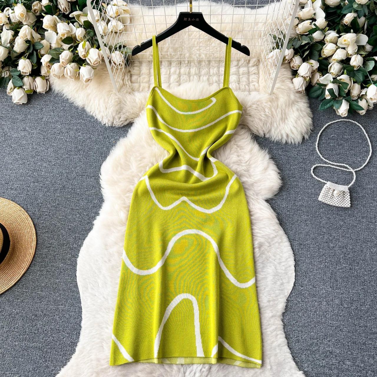 Lime Green Knit Dress With Geometric Pattern