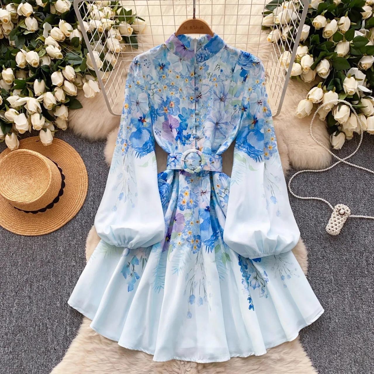 chiffon belted dress Lavender Pleated Chiffon Long-sleeve Belted Dress