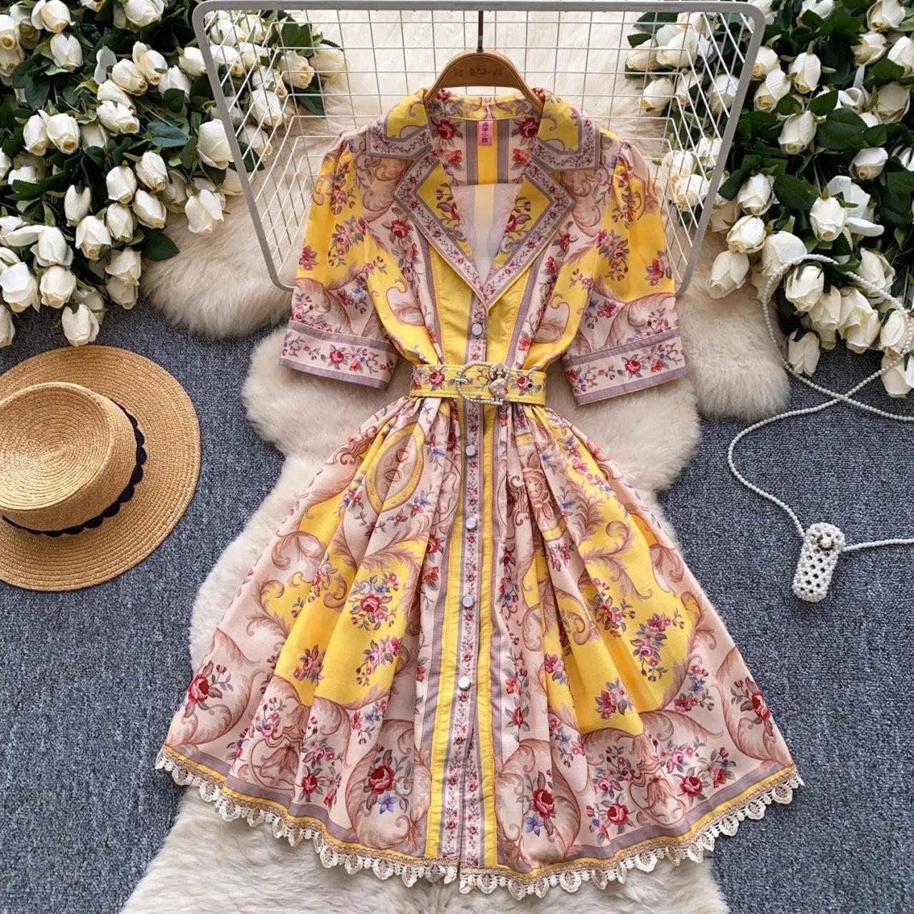 Floral Print Belted Vintage A-line Summer Dress