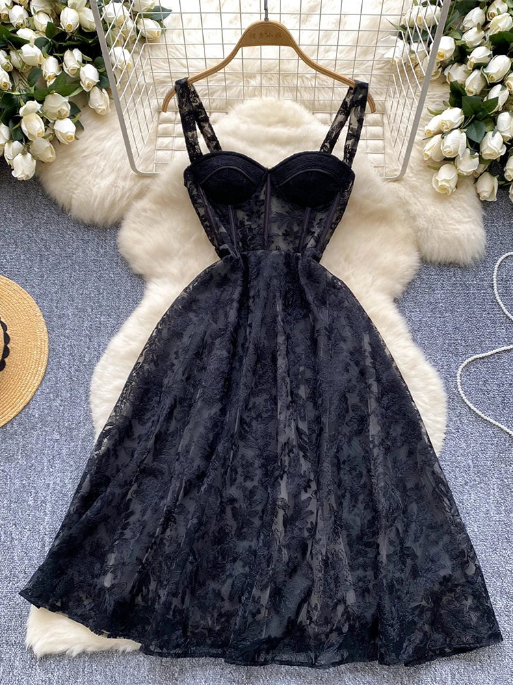 Lace Floral Dress With Spaghetti Straps Black