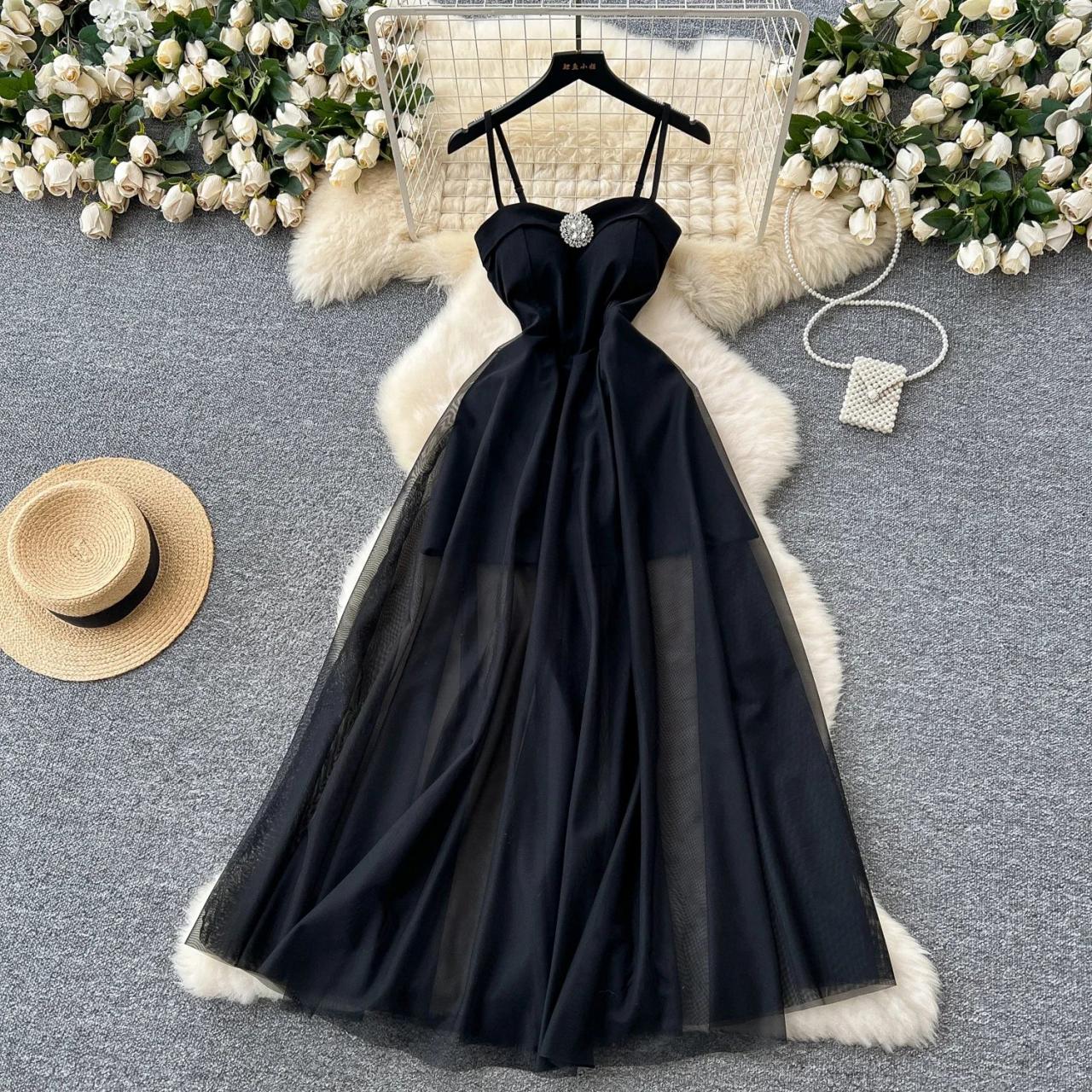 Black Sleeveless Gown with Sheer Mesh Overlay