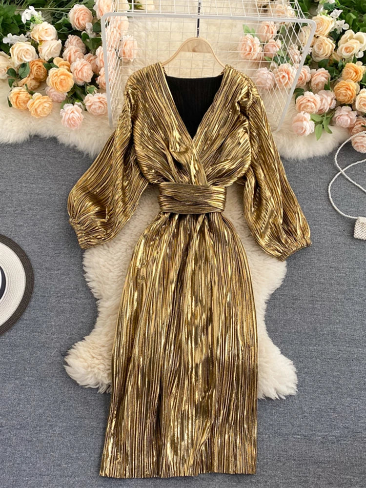 pleated metallic wrap dress V-Neck Pleated Metallic Foil Chiffon A-Line Formal Dresses with Wrap