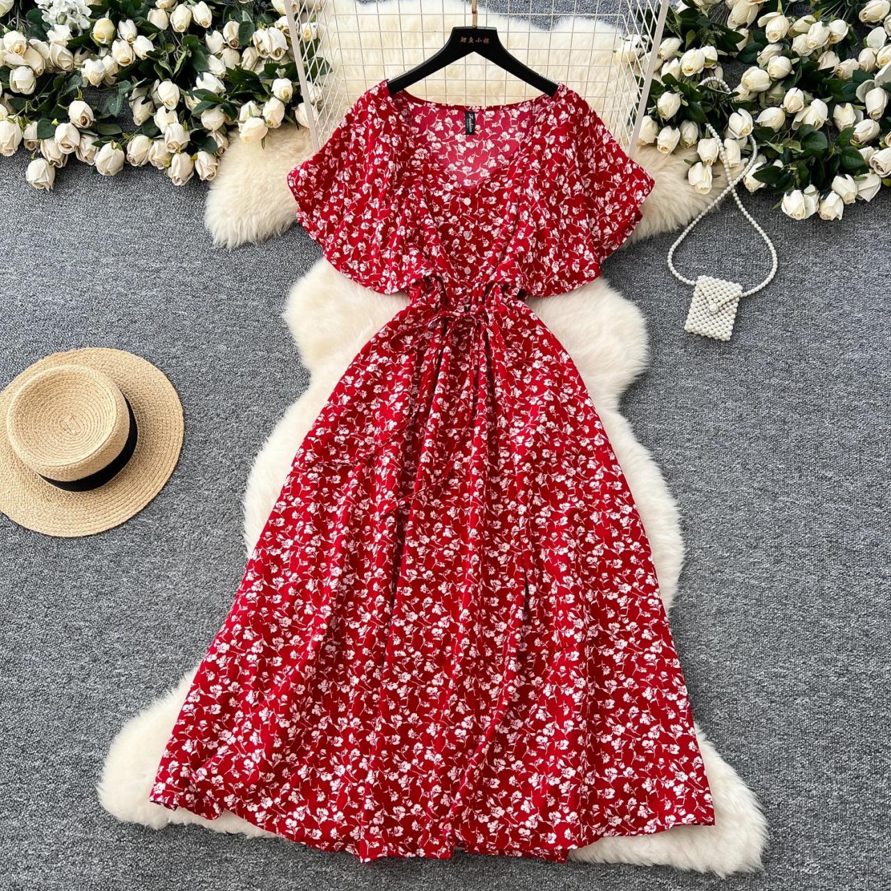 dress women summer chiffon red Aohooy Women Boho Maxi Summer Dress Chiffon Puff Sleeve Square Neck Elastic Waist Bohemian Sundress Holiday Beach Dresses 2026 Red,L, Women's, Size:
