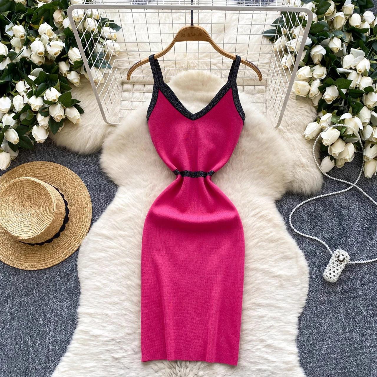 Pink Knit Dress with Black Trim Accents