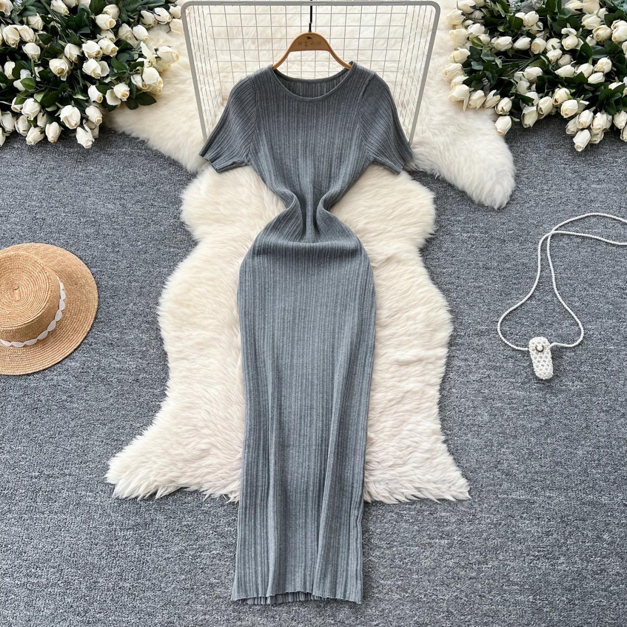 ribbed maxi dress short sleeve Express Women's Ribbed Crew Neck Short Sleeve Ruched Maxi Dress in Brown Small
