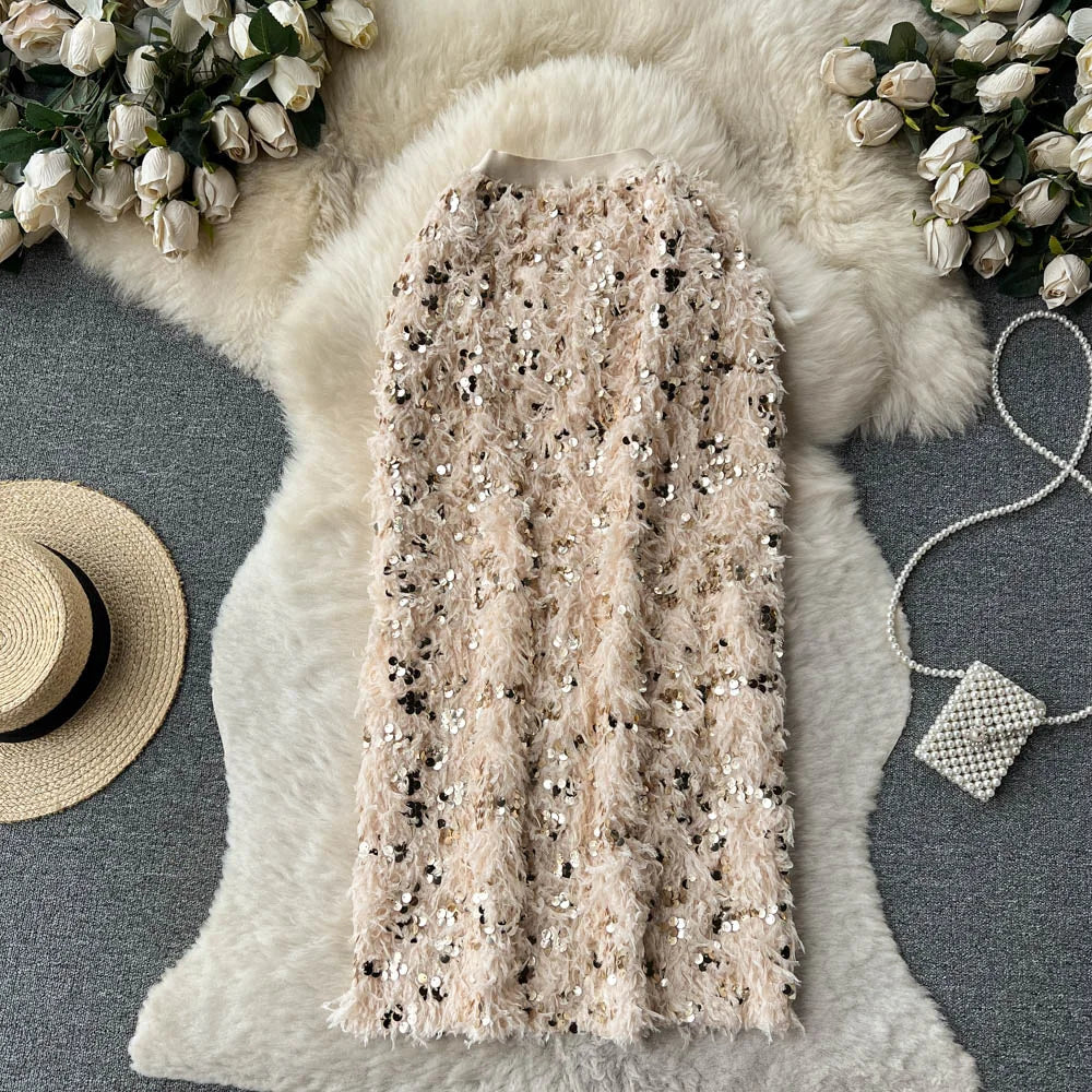 Luxurious Beige Sequin Embellished Faux Fur Dress on Luulla