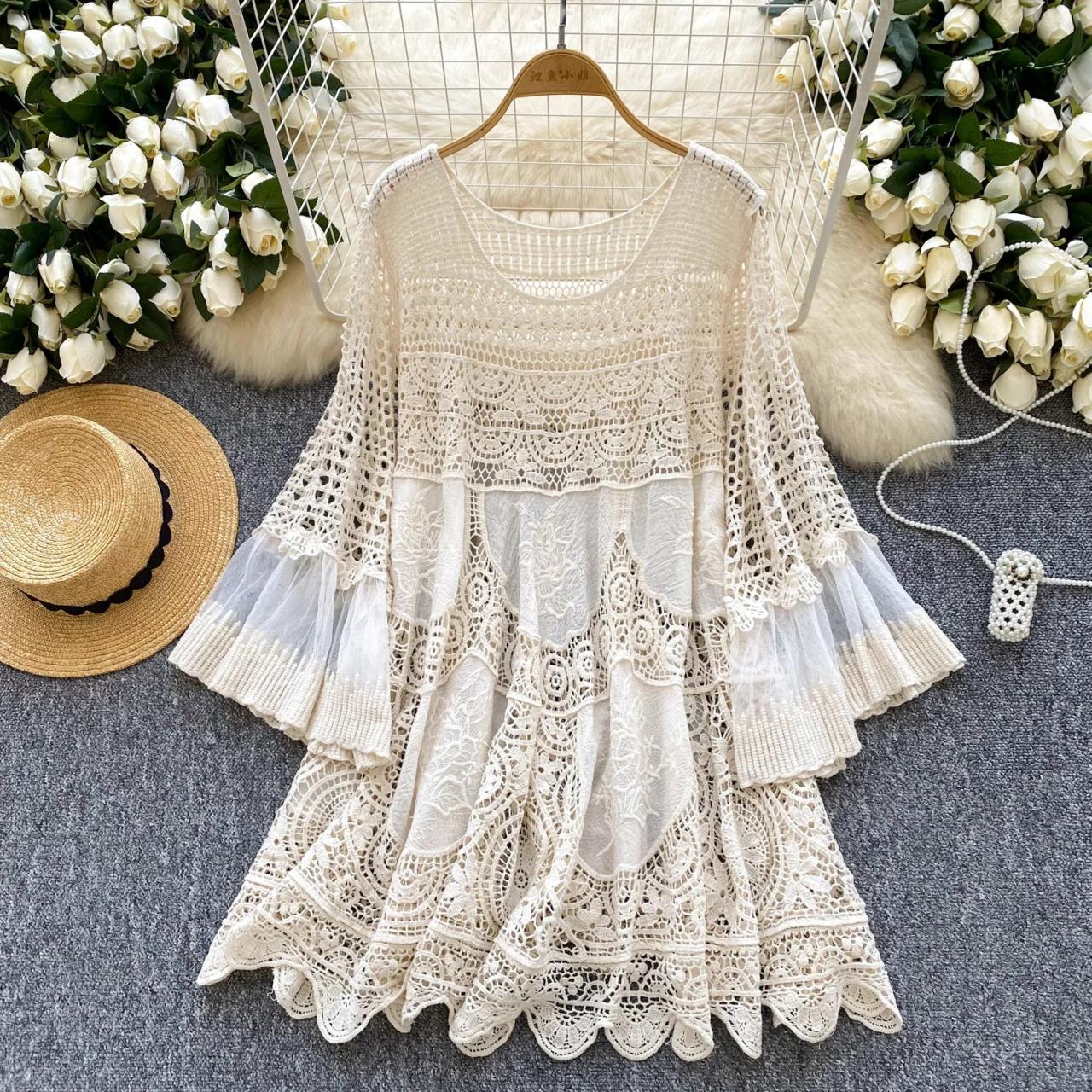 Bohemian Lace Crochet Flare Sleeve Dress