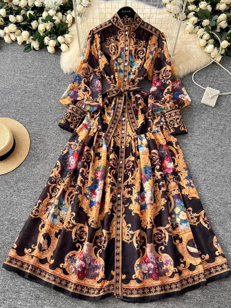 Vintage Floral Long-sleeve Button-down Maxi Dress