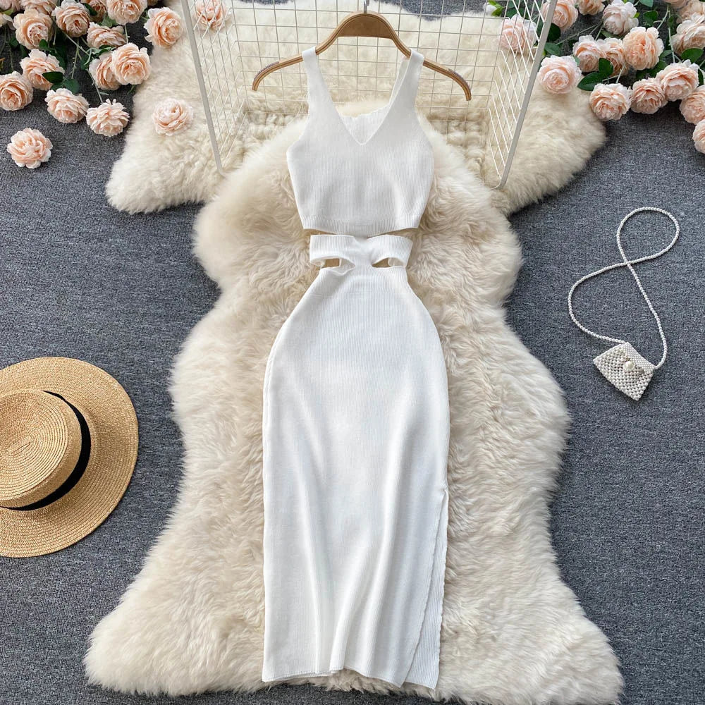 White Sleeveless Knit Dress With Cutout Waist on Luulla
