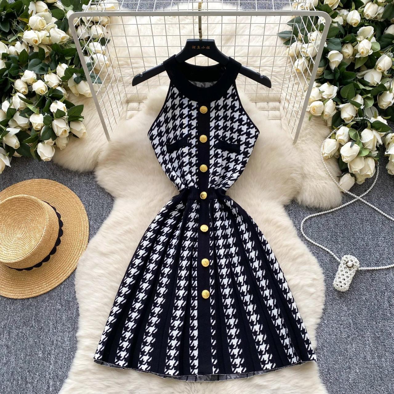 black and white dress with gold buttons Balmain Tartan Tattoo Knit Mini Dress main image 0