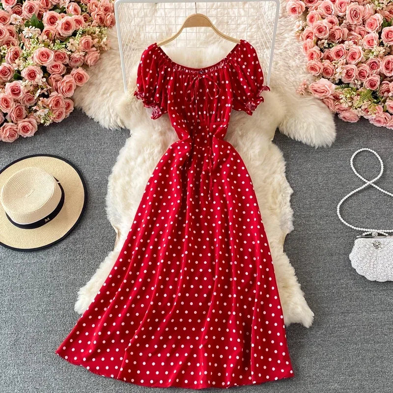 Red Vintage Polka Dot Off-Shoulder Midi Dress