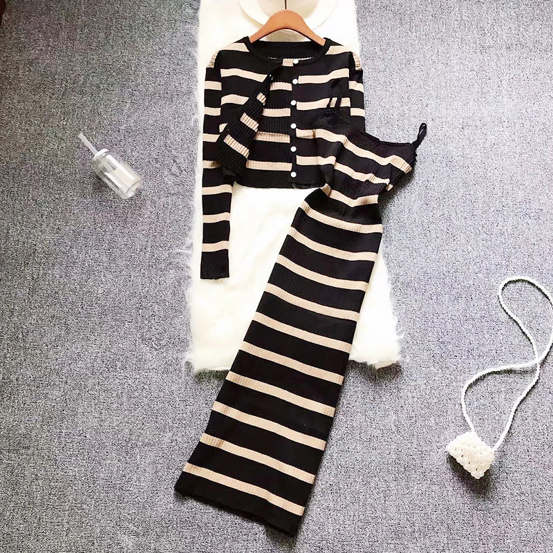 Cozy Striped Knit Cardigan And Dress Combo