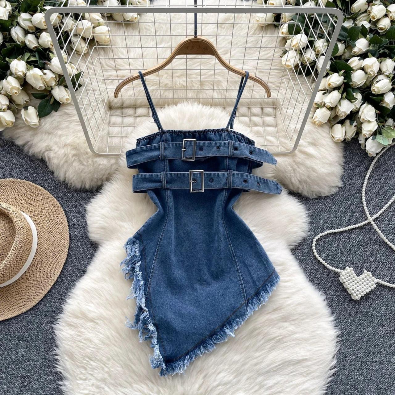 asymmetrical denim dress Kennedy Button Up Mini in Washed Black hem skirt with cascading ruffled tiers Asymmetric Paneled Denim Dress