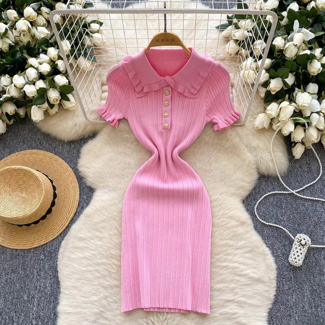 Pink Ribbed Knit Dress With Button-front Collar
