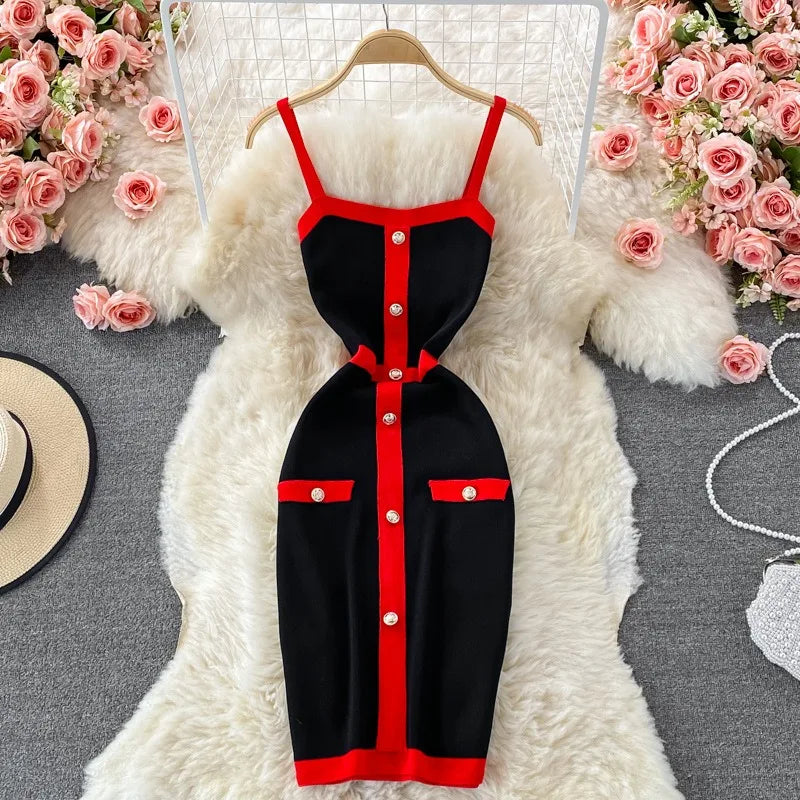 Black Red Cocktail Dress With Button Accents