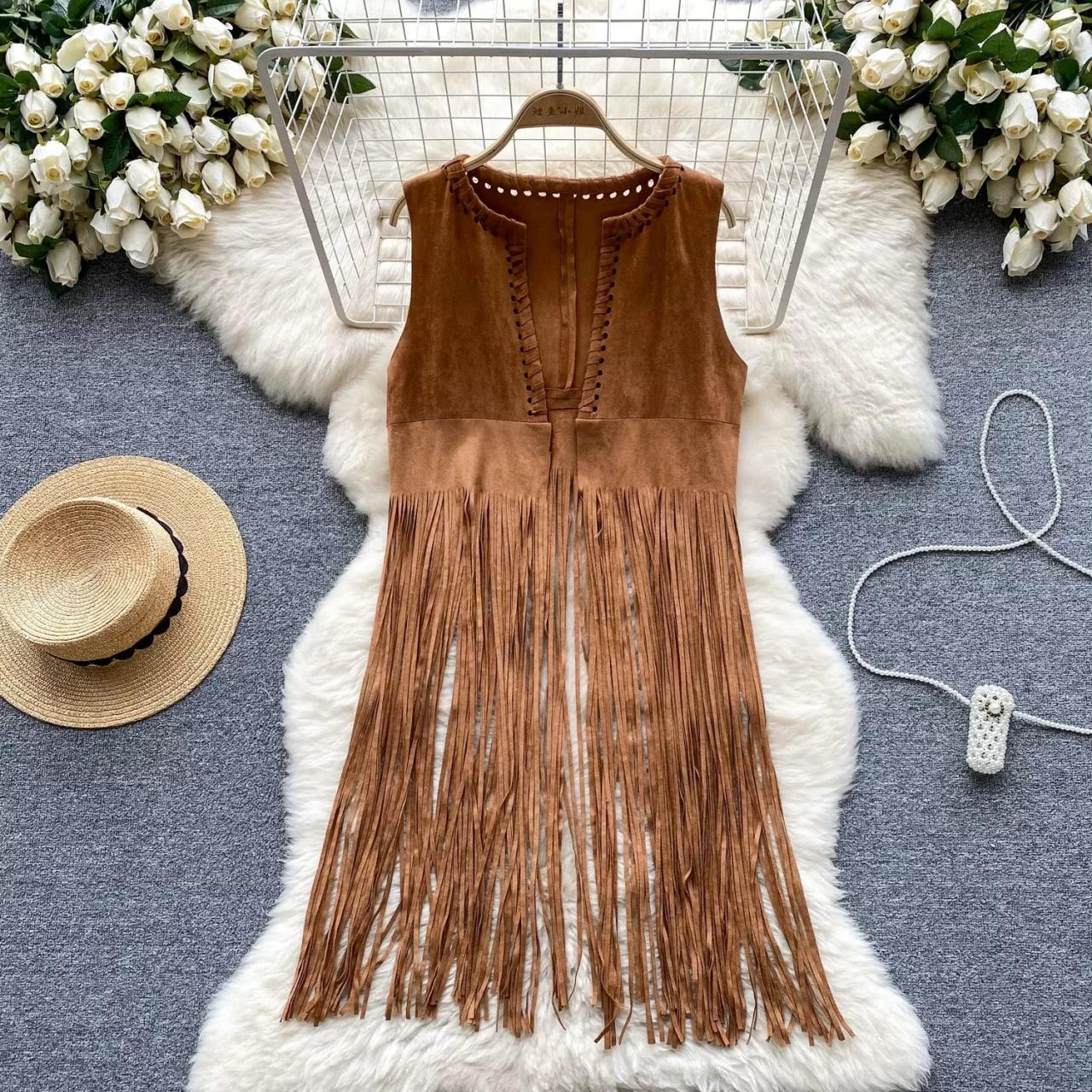 Brown Sleeveless Fringe Suede Dress, Boho Style