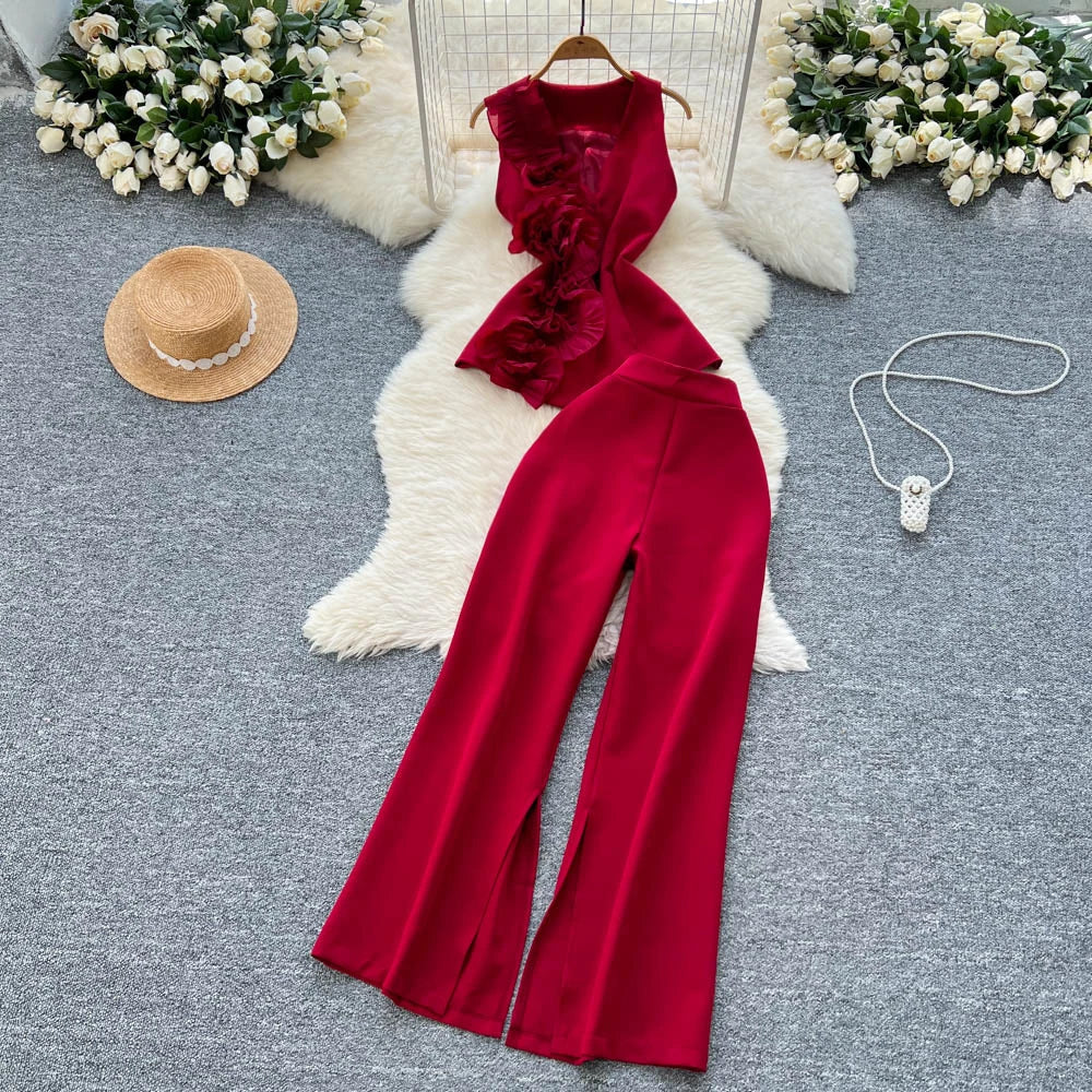 Womens Red Ruffled Sleeveless Top and Pants