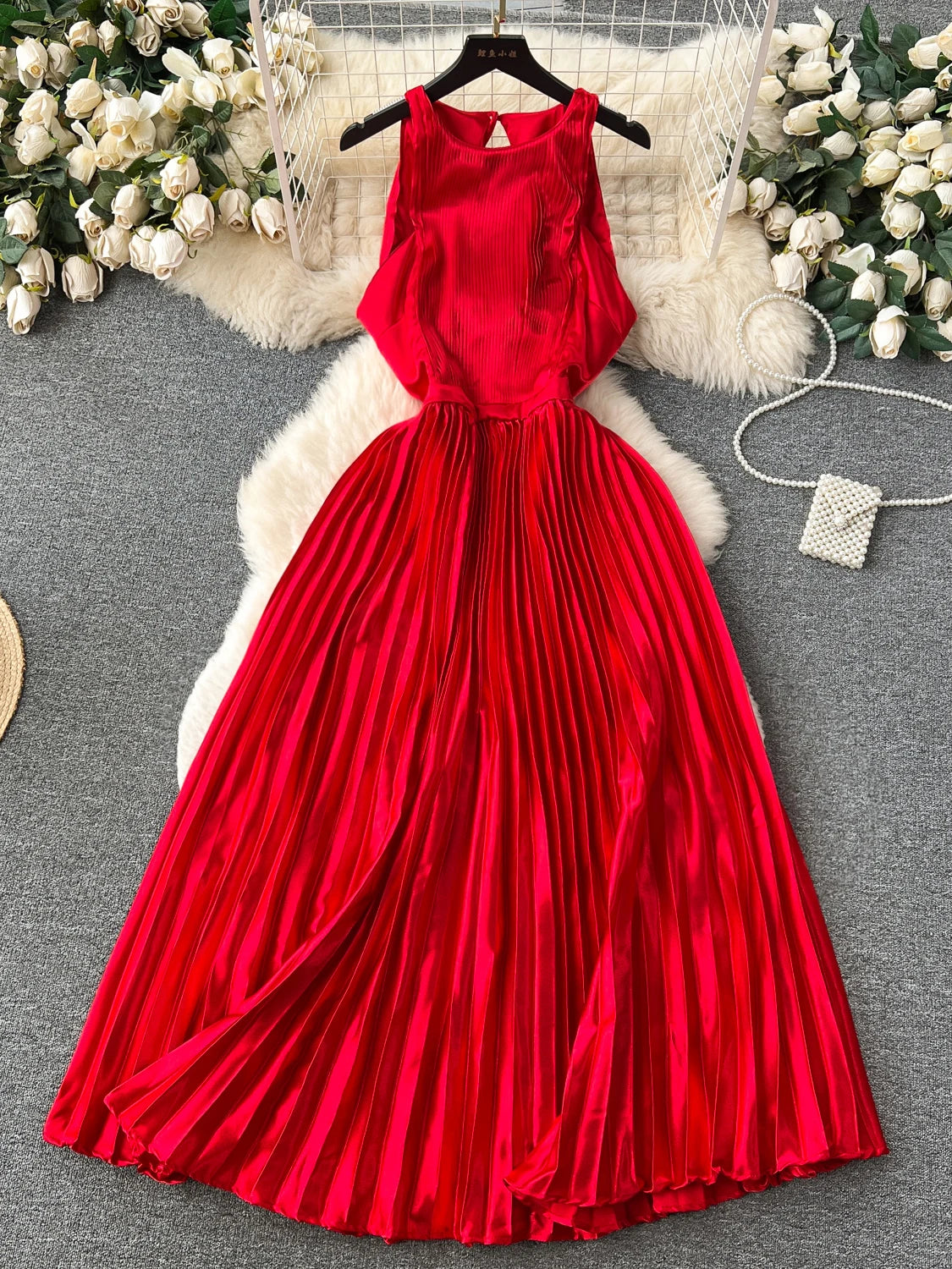 open lace back dress Long Sleeve Pockets Pleated Maxi Dress