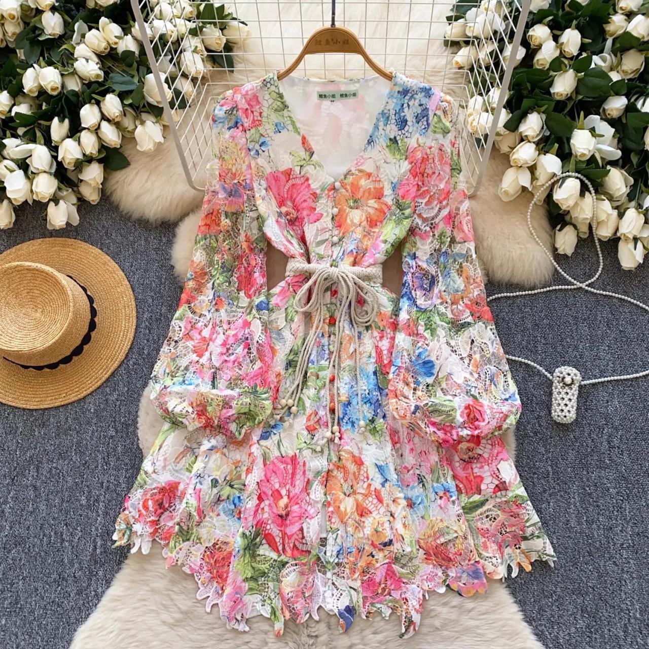 Floral Chiffon Dress With Lace-up Waist Design on Luulla