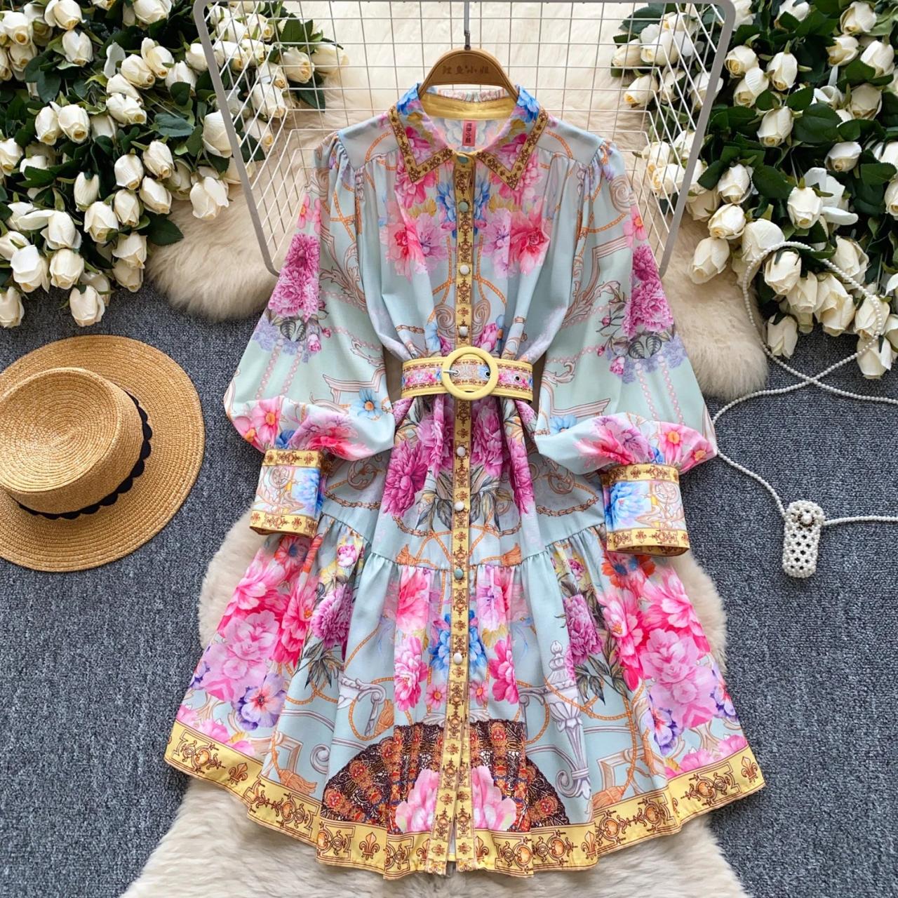 Floral Print Belted Long Sleeve Mini Dress