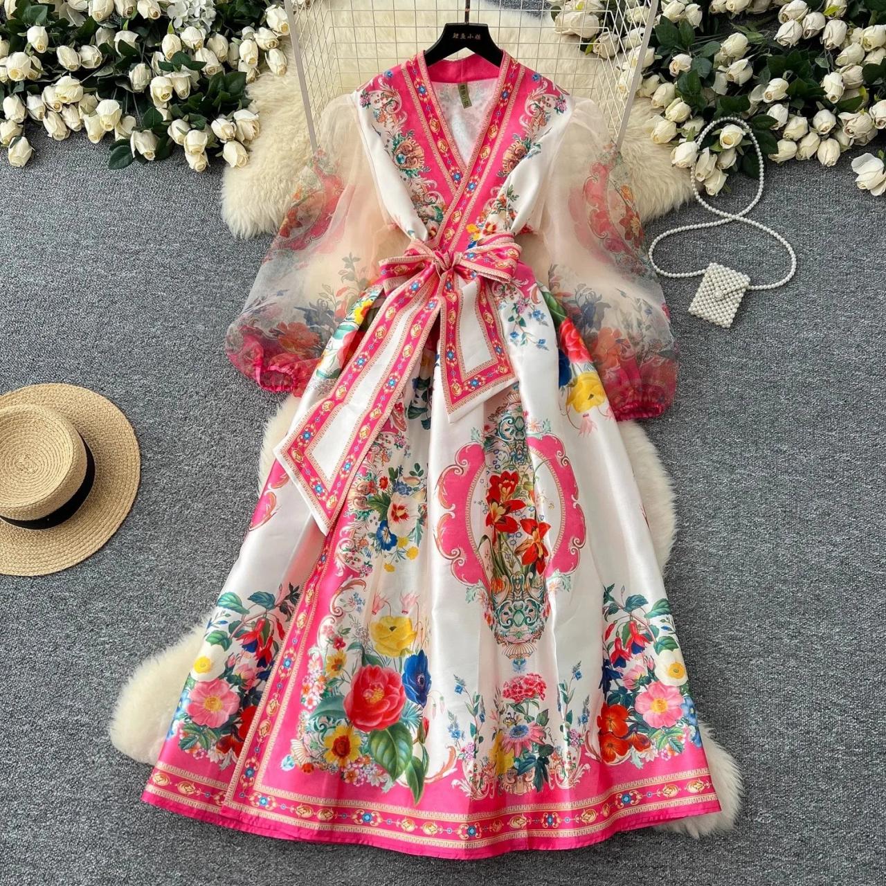 Spring France Elegant Vintage Palace Evening Dress Women Print Sashes Mesh Long Party Dress Female Casual Holiday Clothing