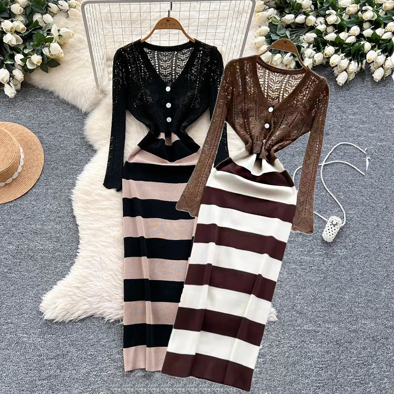 Striped Knit Cardigan And Skirt Outfit Combo