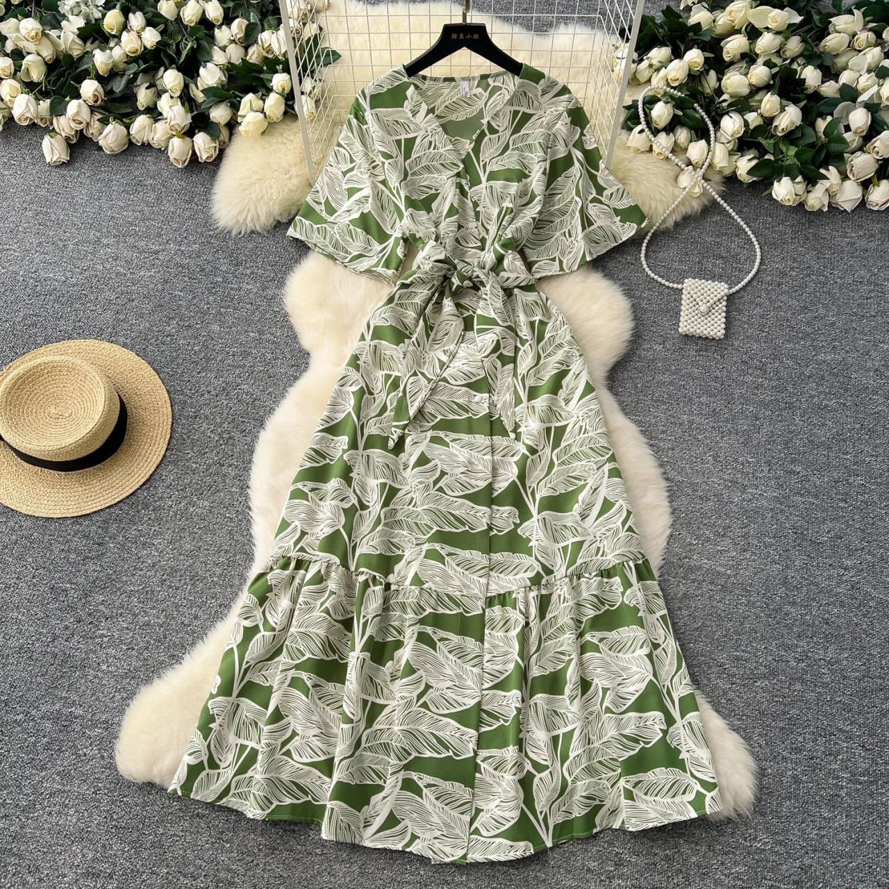 Flowing Pink Leaf-print Maxi Summer Dress on Luulla