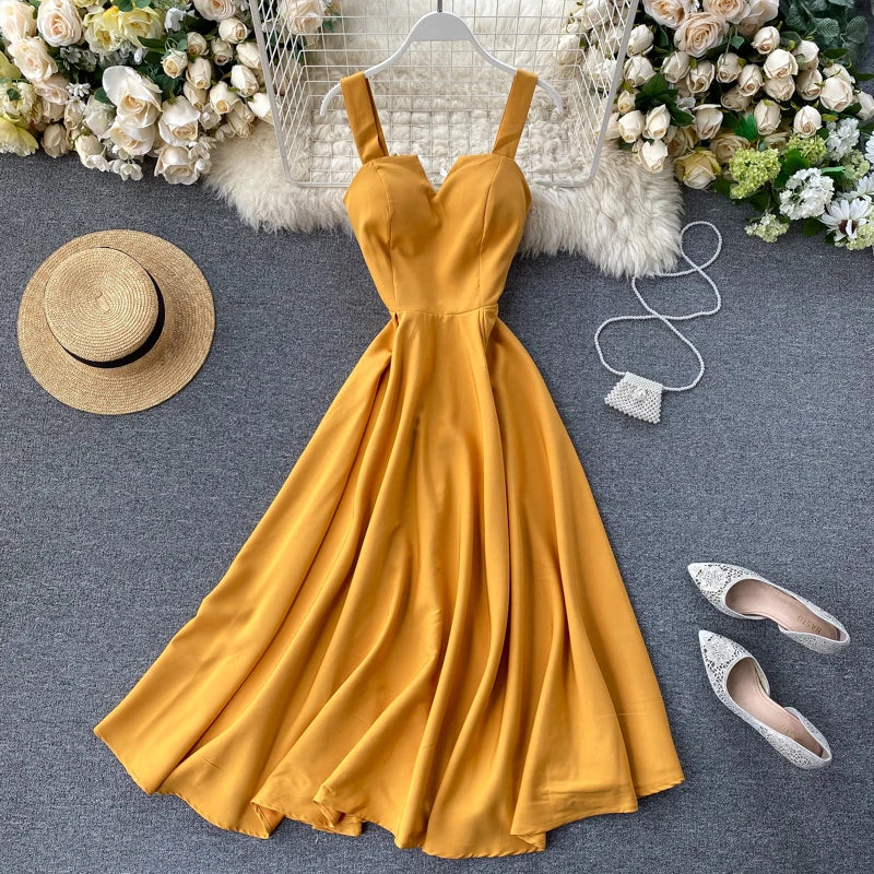 mustard a line dress Strappy Yellow A-line Summer on Luulla NO GARMENT FIT ID purple flower dress Zapaka Color:navy Short Sleeves