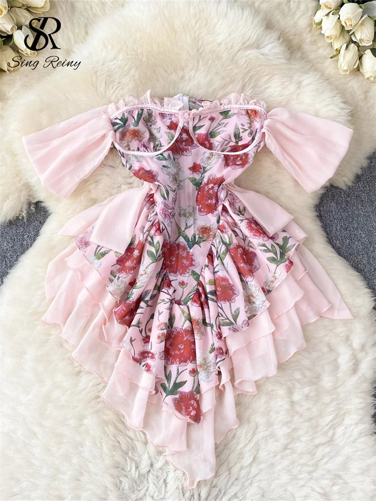 Off-Shoulder Floral Dress with Layered Ruffles