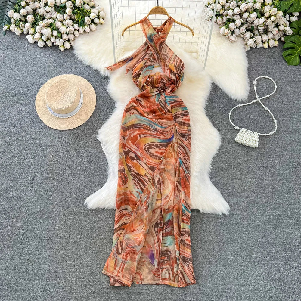 Multicolor Halter Maxi Dress With Swirl Pattern