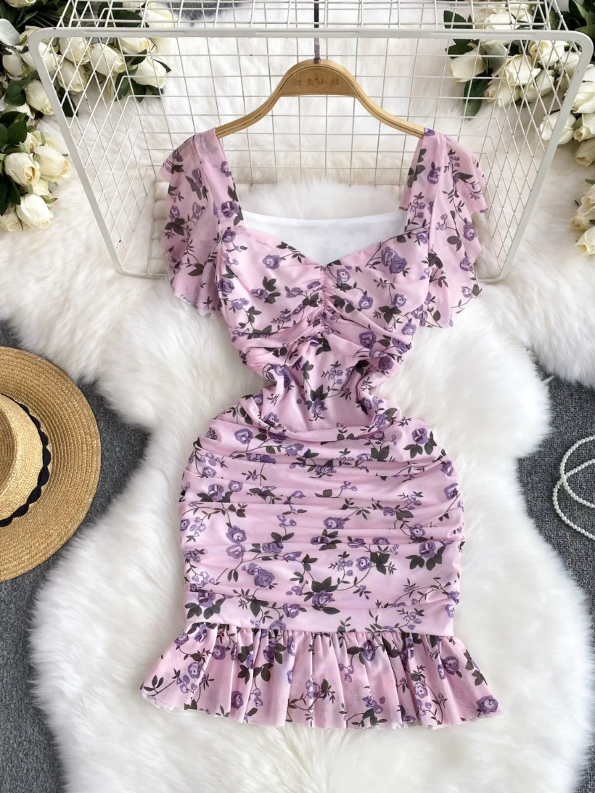 floral print ruched mini dress Rat & Boa Red Floral Print Ruched Mini Dress by Rat & Boa