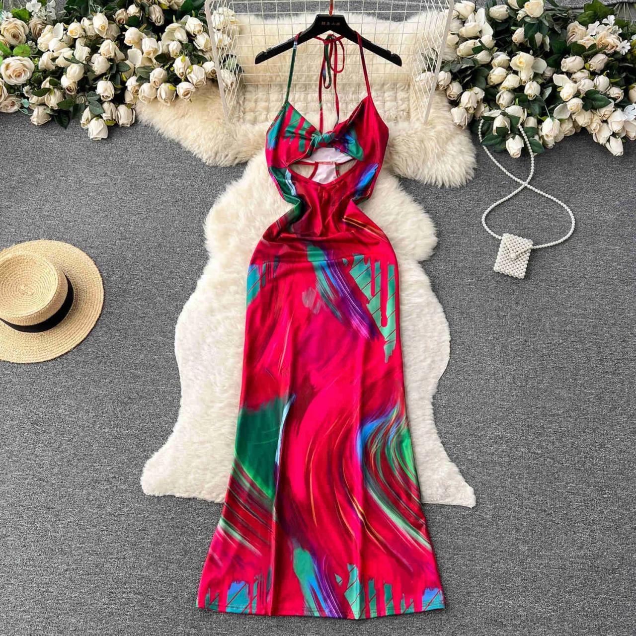 Halter Maxi Dress With Bold Abstract Print