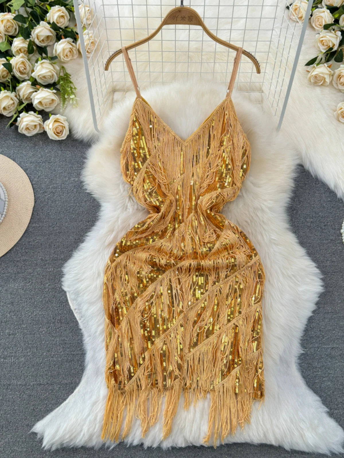 sequin tassel fringe dress Kulic Sleeveless Sequin Tassel Mini Dress