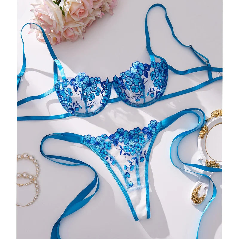 dessous sexy Romantic Lingerie Sexy Woman Underwear Floral Embroidery Bra Kit Push Up  Mesh Sexy Outfits Transpare on Luulla